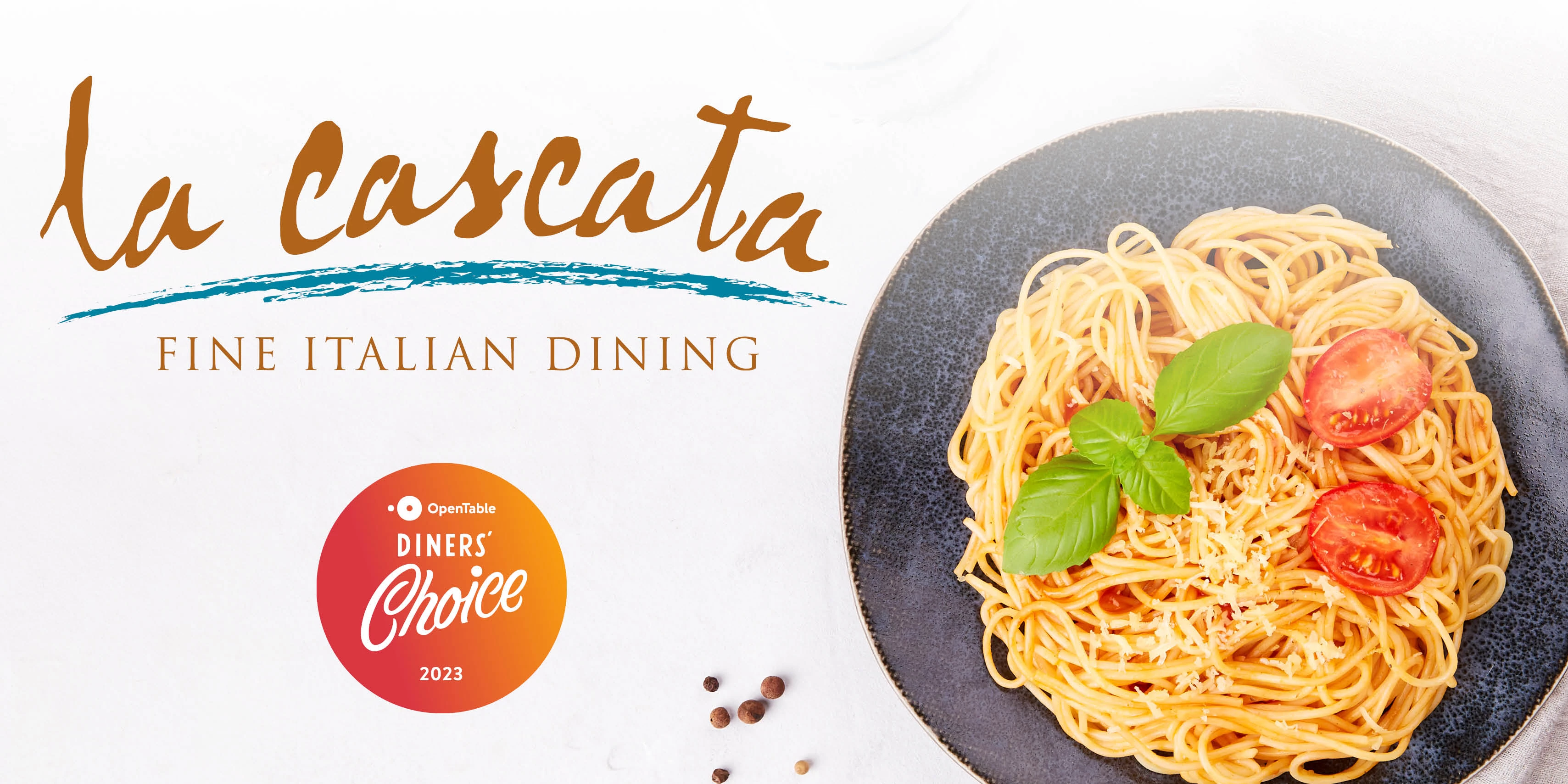 la Cascata logo with the Diners Choice badge and a plate of pasta.