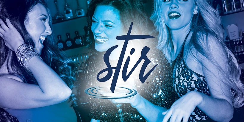 Stir logo with three women behind it smiling and having drinks.